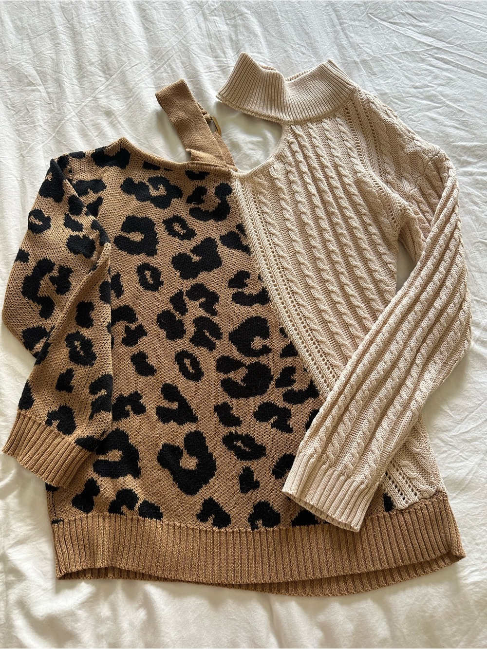 Two-Tone Leopard & Cable Knit Cold-Shoulder Sweater - Beige/Tan